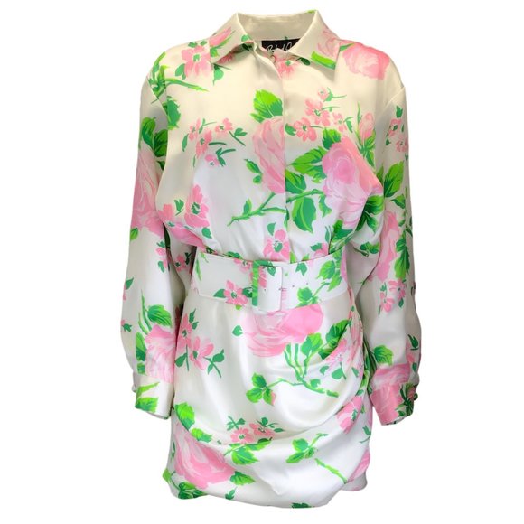 Richard Quinn Dresses & Skirts - RICHARD QUINN WHITE / PINK MULTI FLORAL PRINTED BELTED LONG SLEEVED BUTTON-DOWN